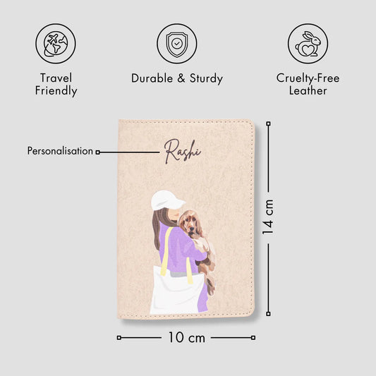 Beige passport cover with girl and dog with features