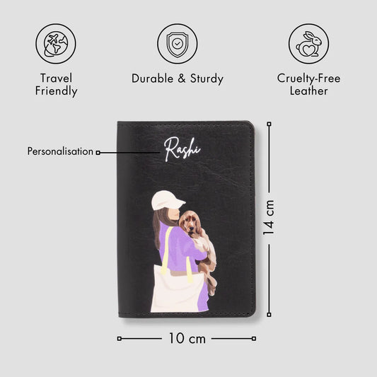 Black passport cover with girl and dog with features