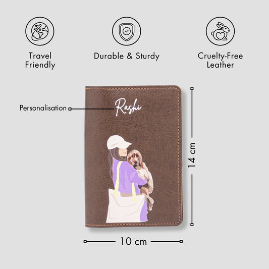 Brown passport cover with girl and dog with features