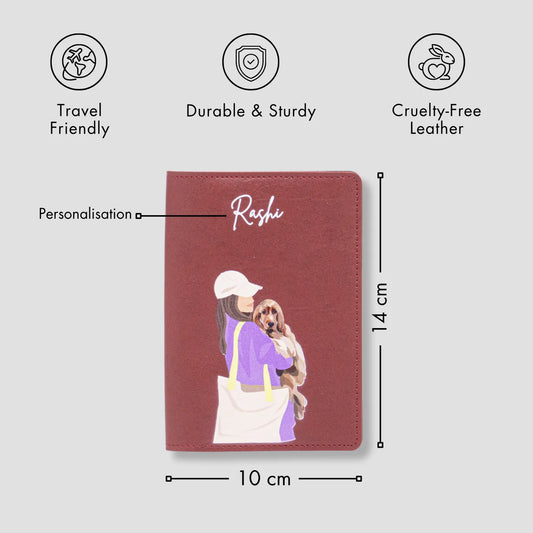 Maroon passport cover with girl and dog with features