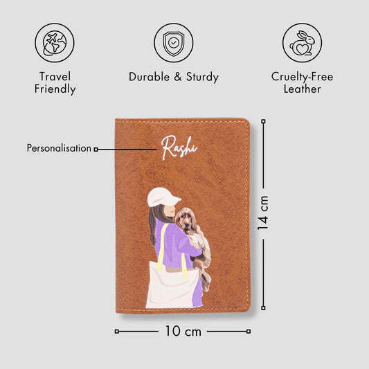 Tan passport cover with girl and dog with features