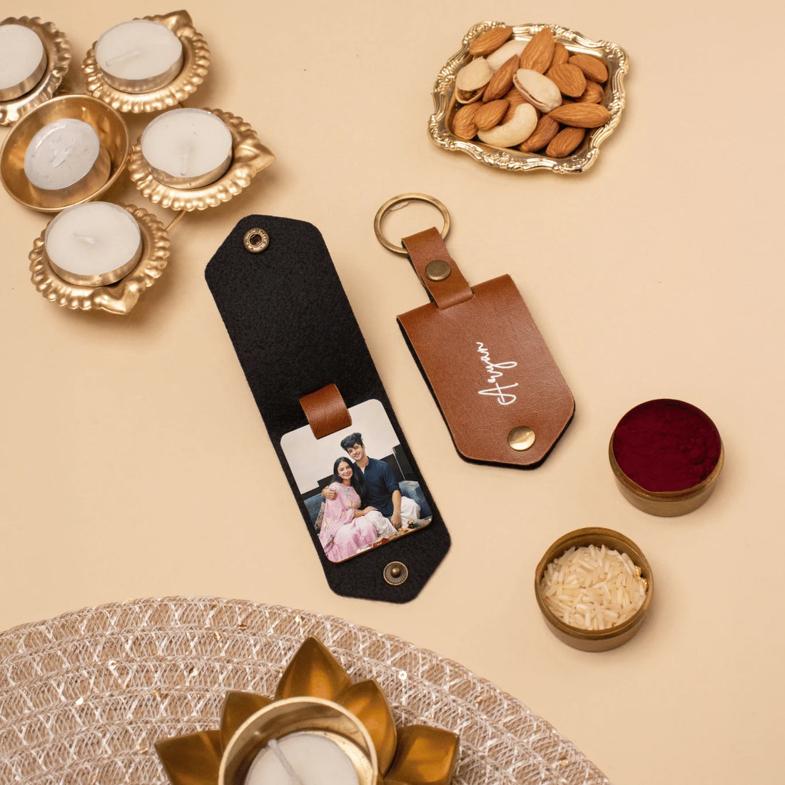 Tan photo keychain