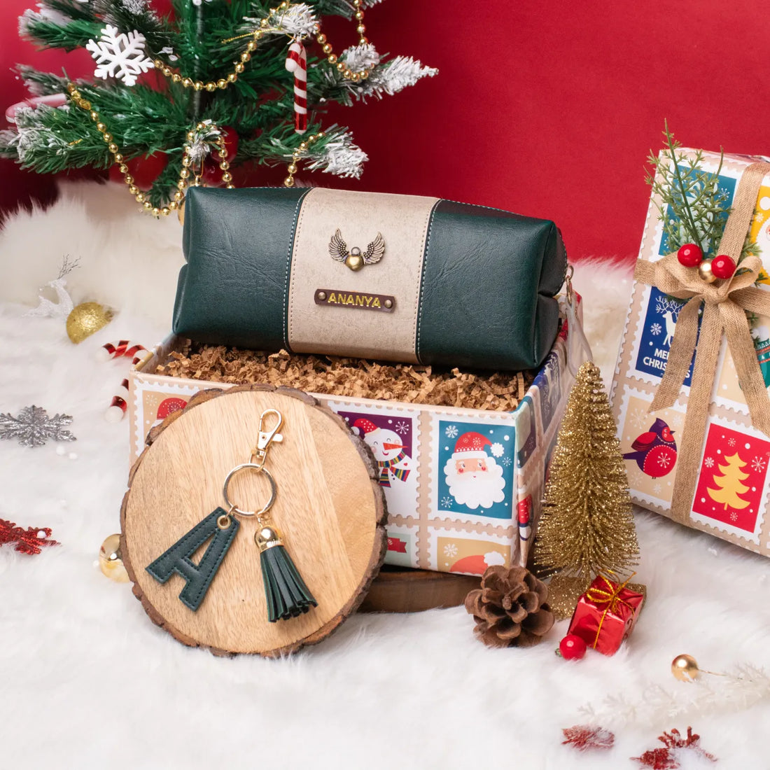 Festive hamper with personalised green pouch and initial keychain