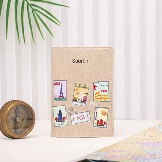 Beige travel pouch with product cards