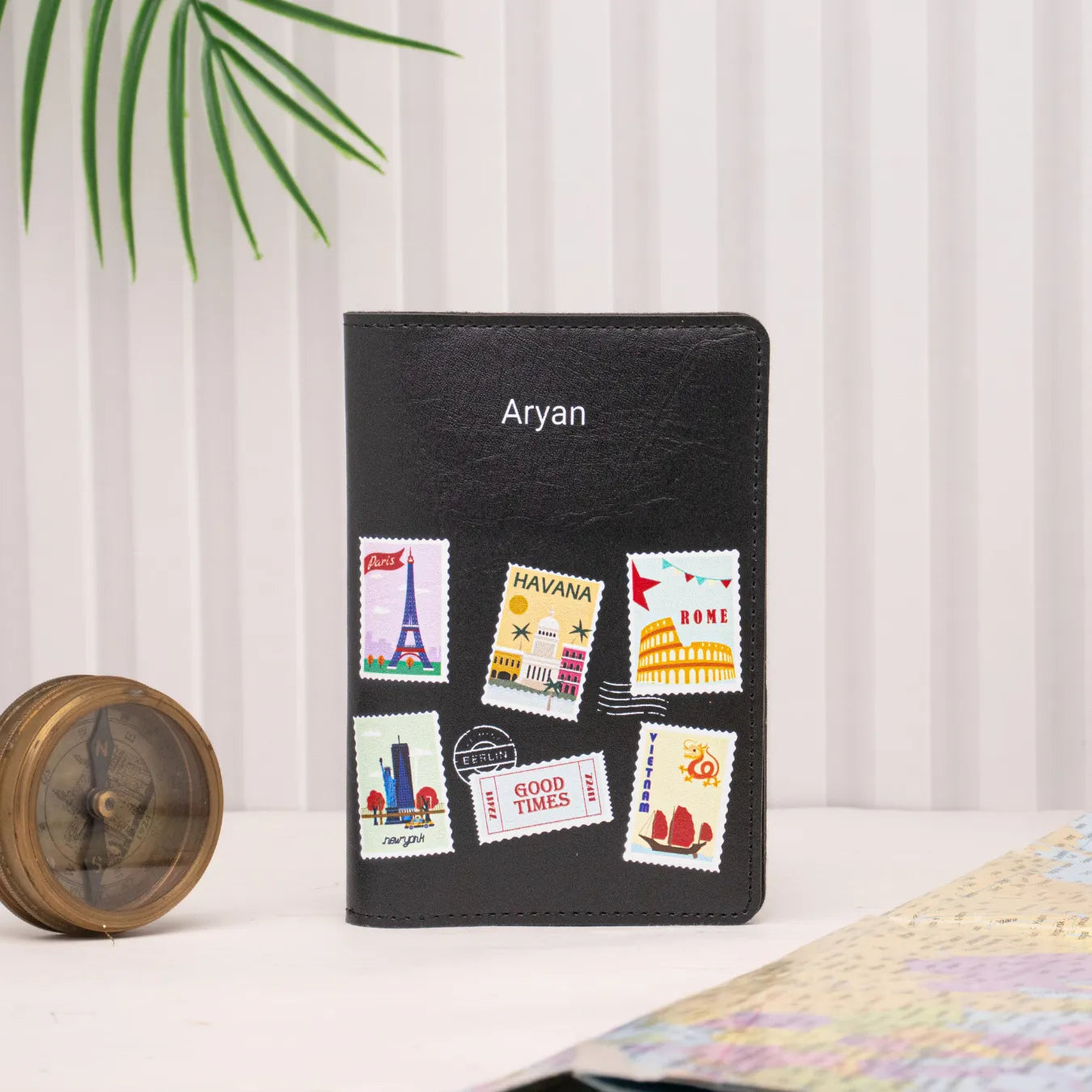 Black travel pouch with product cards