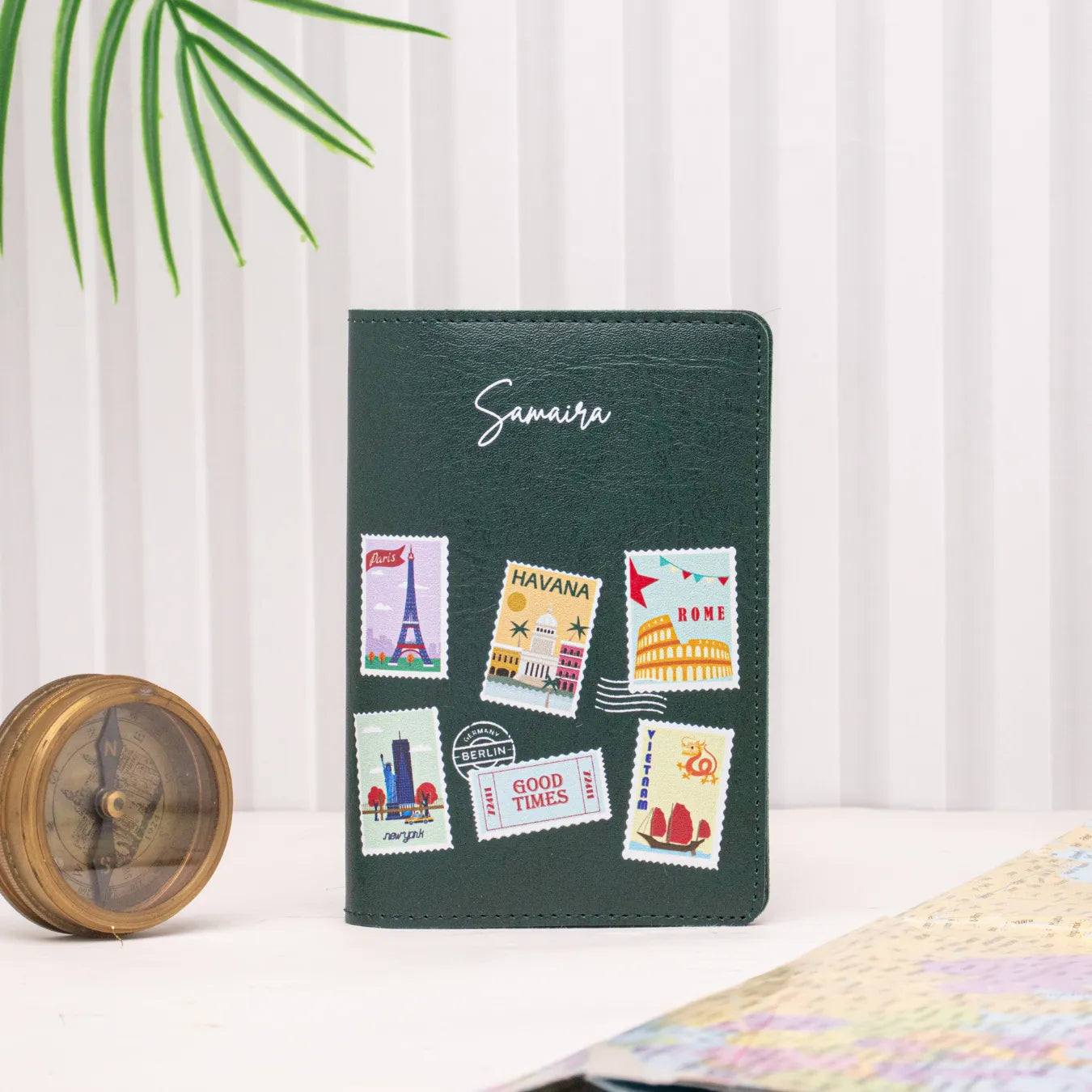 Green travel pouch with featured product cards