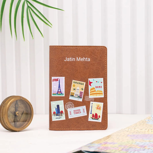 PERSONALISED PRINTED PASSPORT COVER - TRAVEL STAMP - TAN