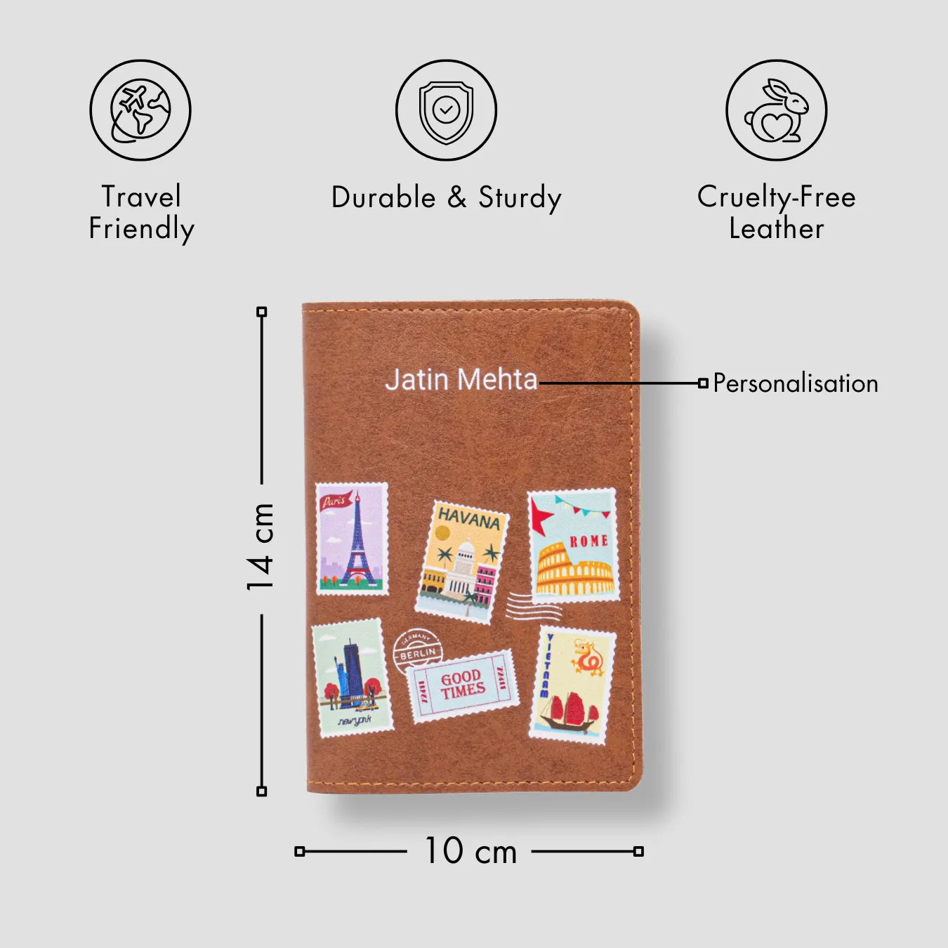 Tan travel pouch with product cards