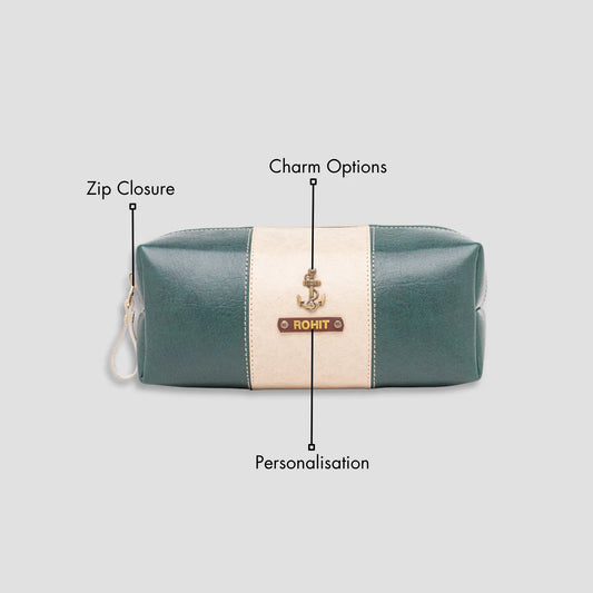 Green and beige pouch with zip closure and personalised nameplate