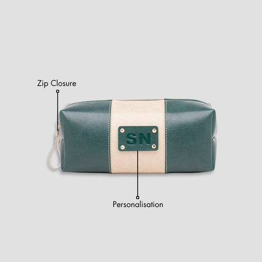 Green striped travel pouch with initial