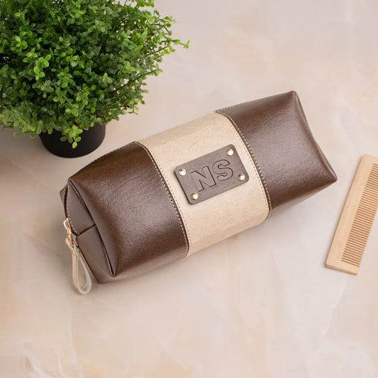 Stripe travel pouch initials brown