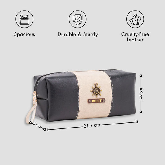 Black and beige leather pouch with size details