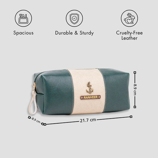 Green and beige leather pouch with size details