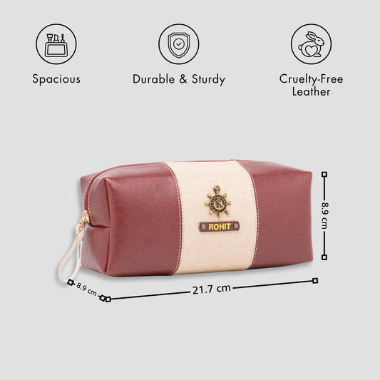  Maroon and beige leather pouch with size details