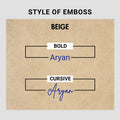 Emboss style preview in beige showing bold and cursive name options