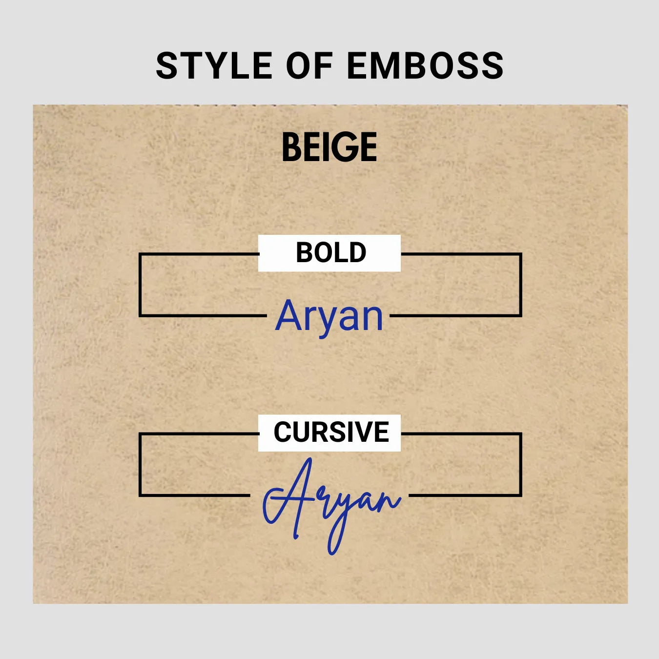 Emboss style preview in beige showing bold and cursive name options