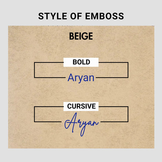 Emboss style preview in beige showing bold and cursive name options