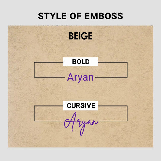 Emboss style preview in beige showing bold and cursive name options