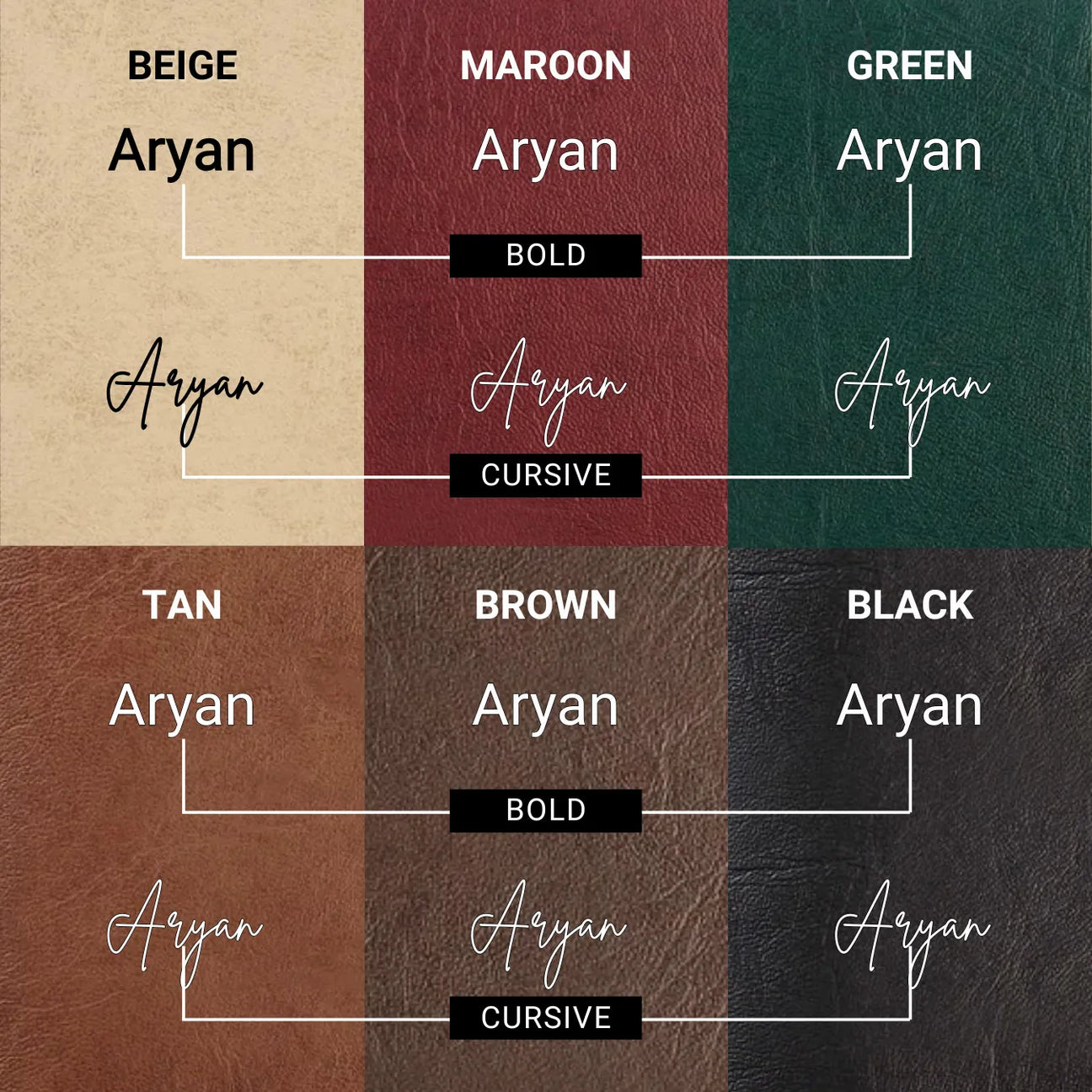 Personalised name in bold and cursive across multiple color backgrounds