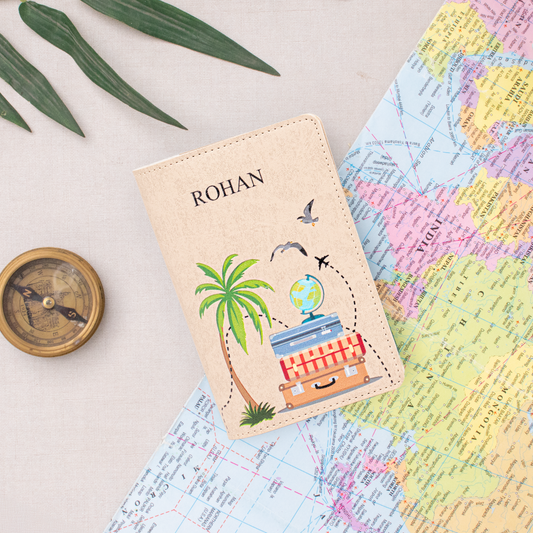Beige personalized passport cover on a world map