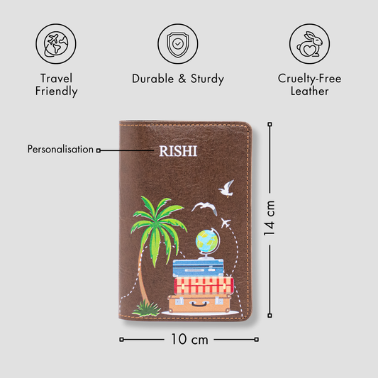 Brown passport cover with travel design