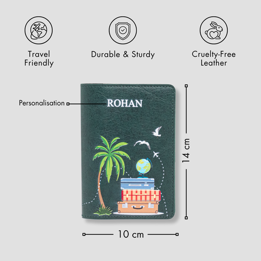 Green passport cover with travel design