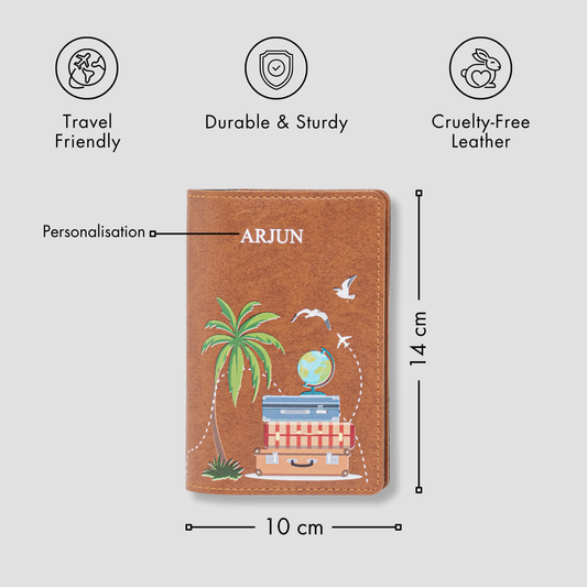 Personalized brown passport cover with travel design