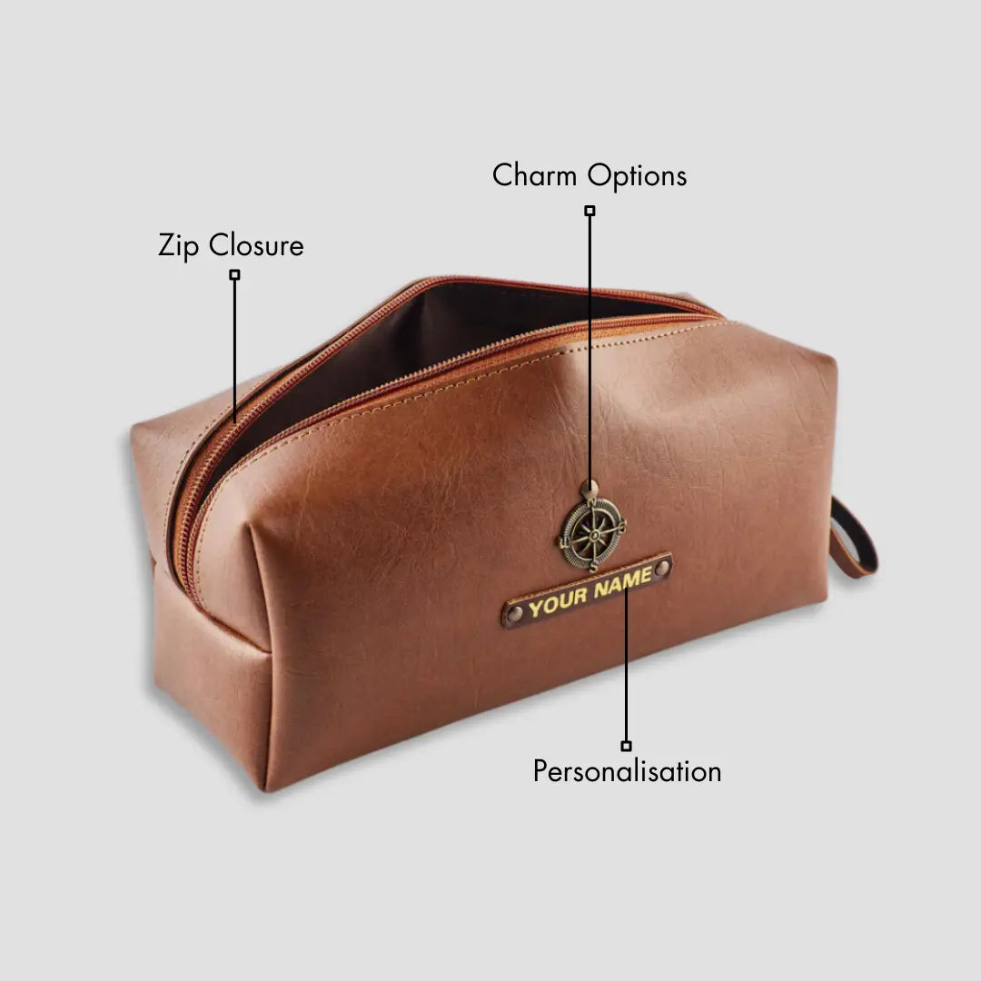 Tan travel pouch with arrow