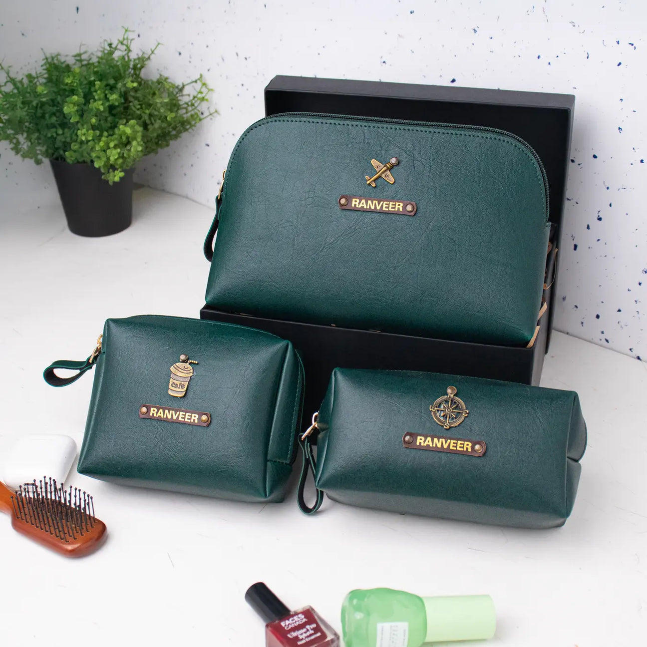 Personalised green travel pouch set with name tag