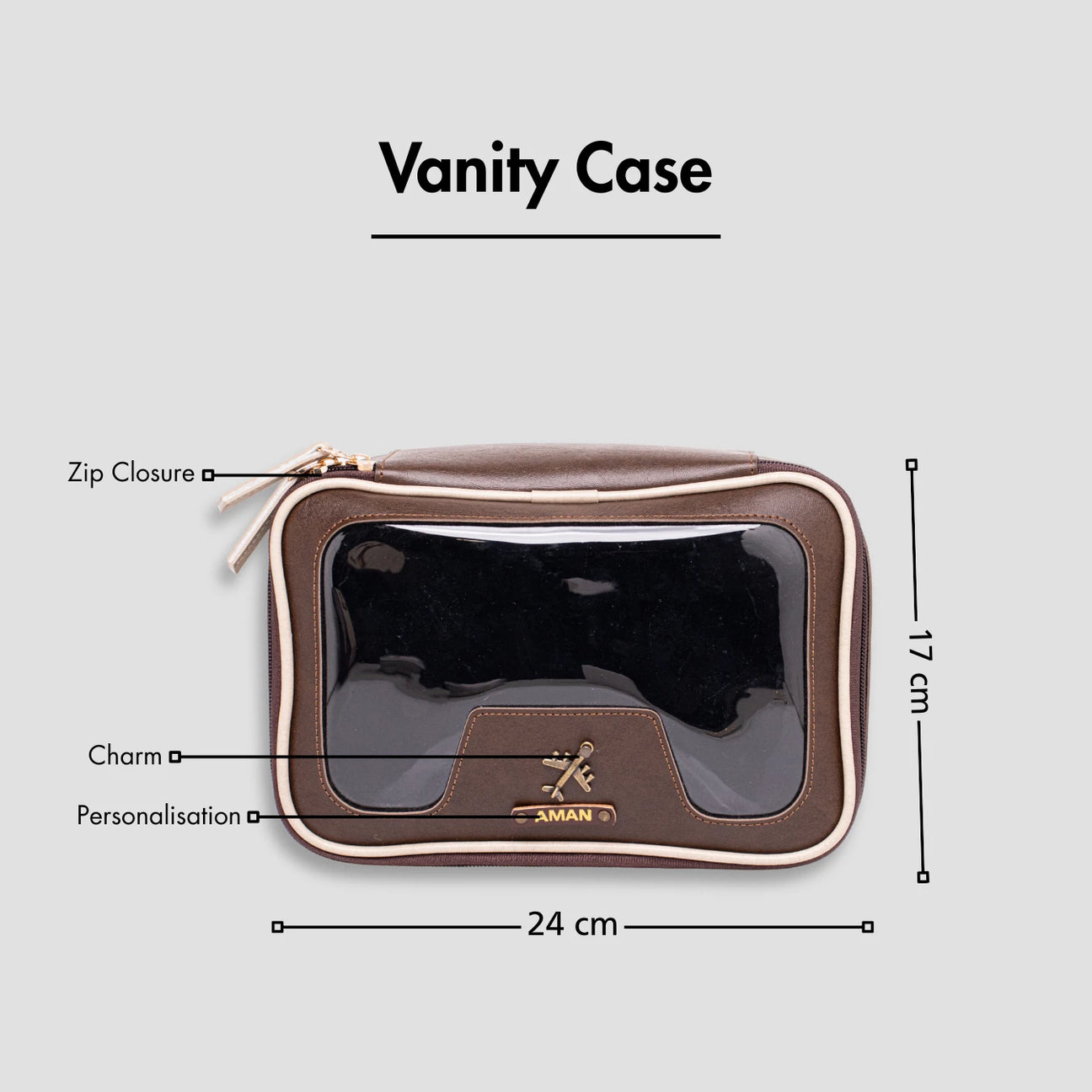 Brown leather vanity case with zip and personalization