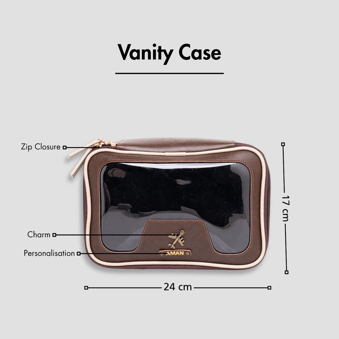 Brown and beige leather makeup pouches with zip closure and name