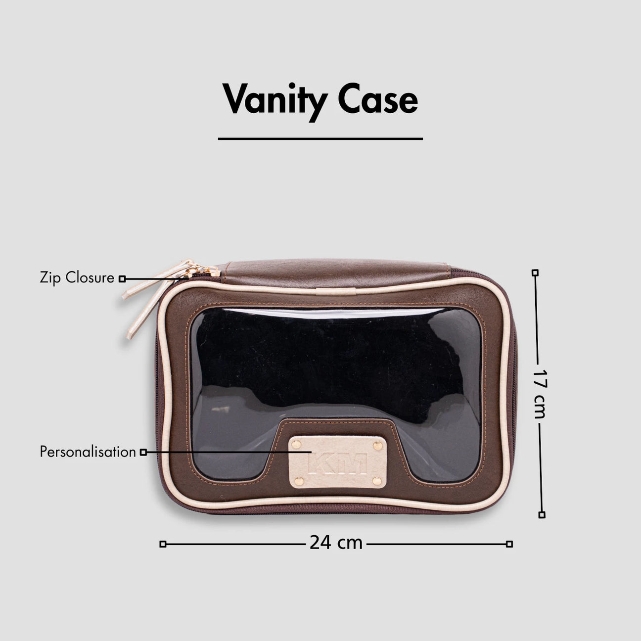 Brown leather vanity pouch with zip and personalization