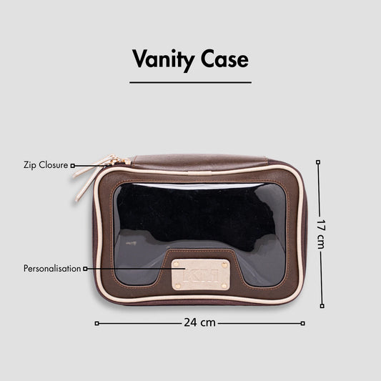 Brown leather vanity pouch with zip and personalization