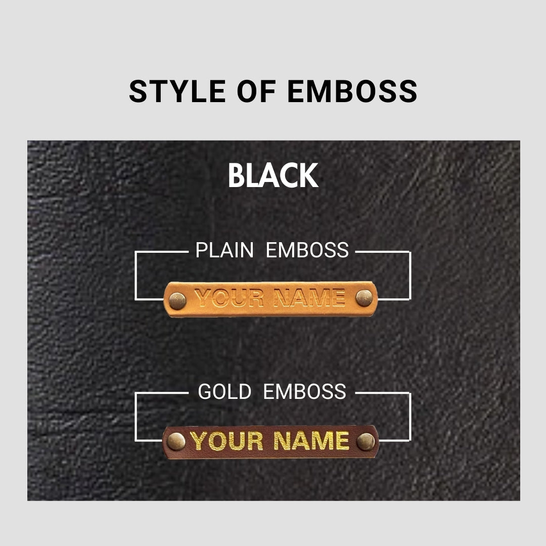 Black leather embossing styles showing plain and gold name emboss