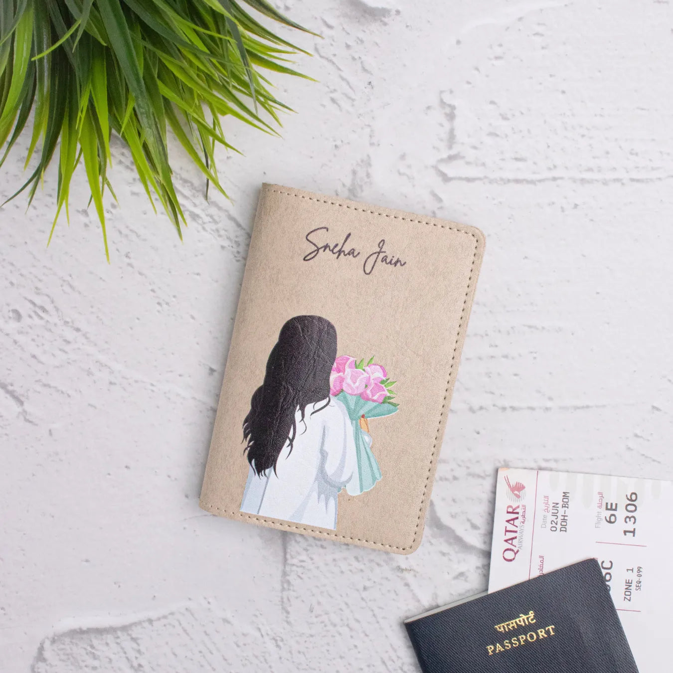 Beige travel pouch with pink flower 