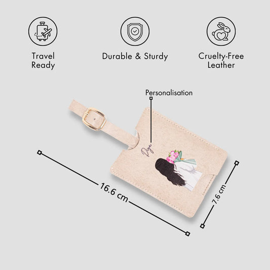 Beige personalised luggage tag with size details