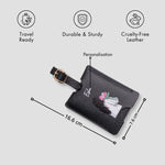 Black personalised luggage tag with size details