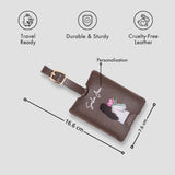 Brown personalised luggage tag with size details