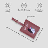 Maroon personalised luggage tag with size details