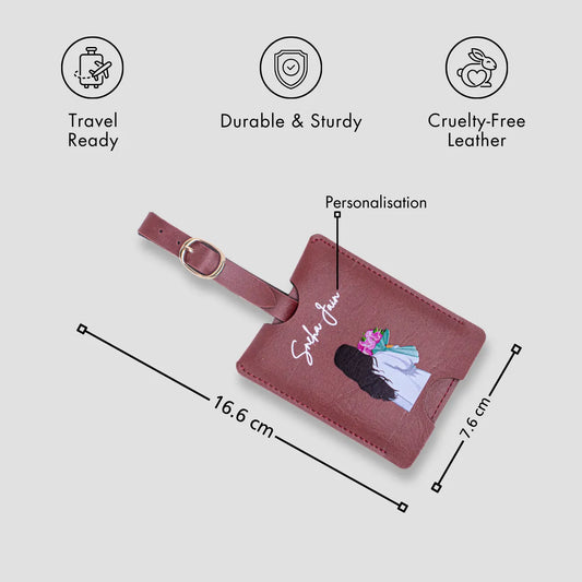 Maroon personalised luggage tag with size details