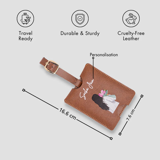 Tan personalised luggage tag with size details