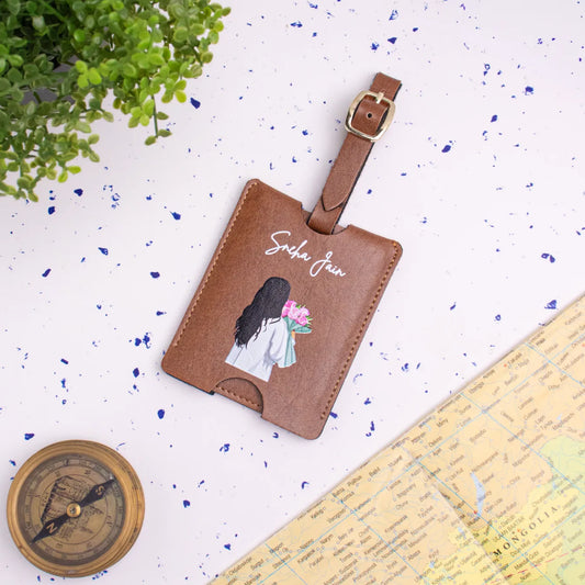 Tan personalised travel tag on map backdrop