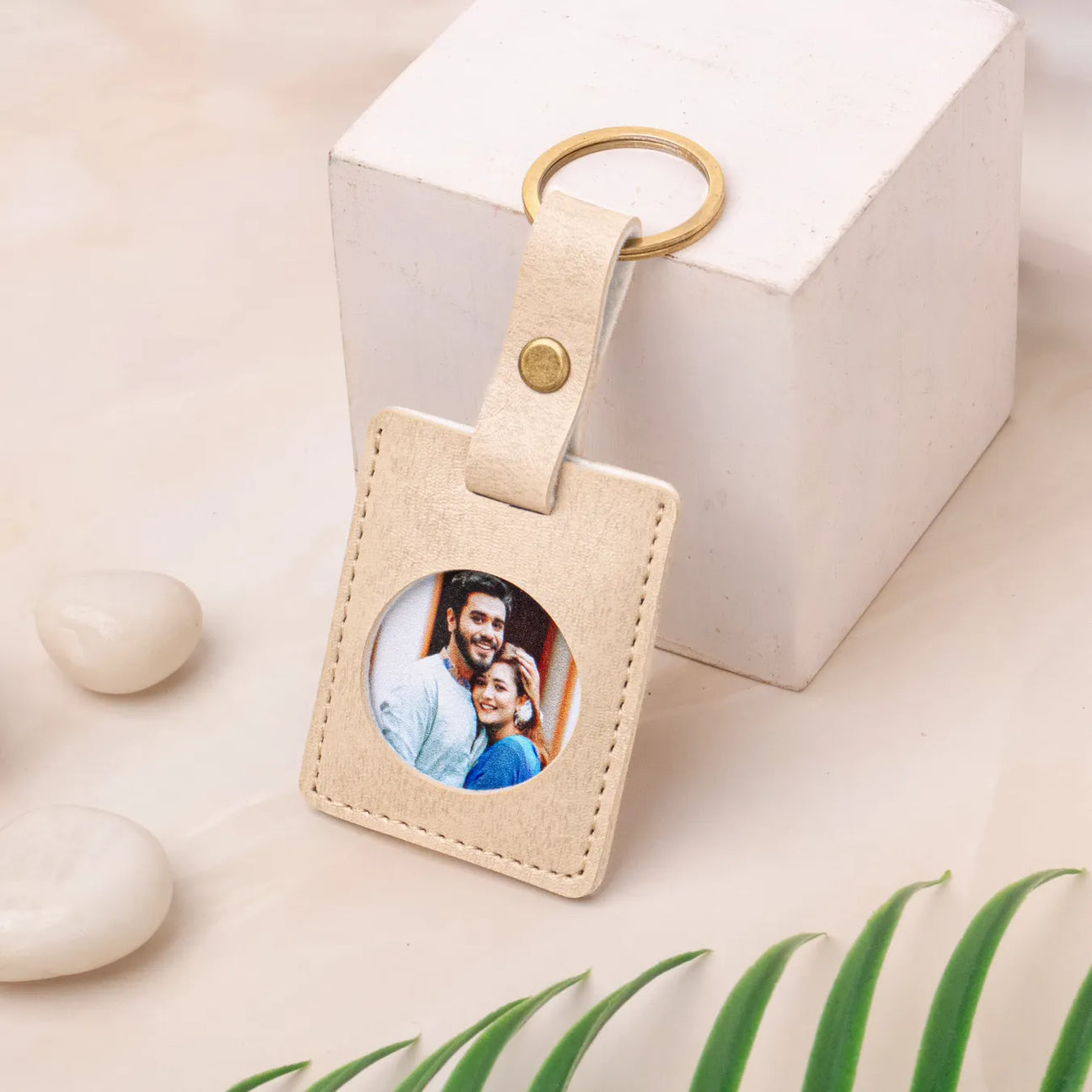 Personalised beige leather photo keychain 