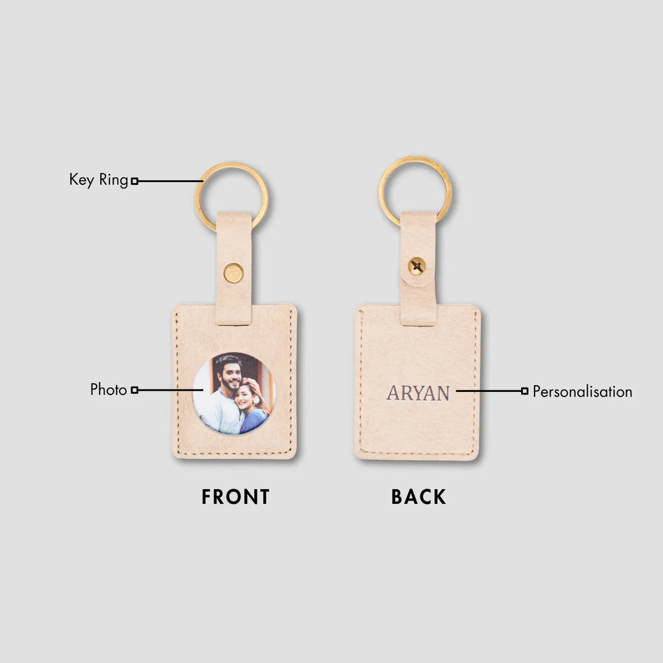 Personalised beige leather photo keyring front and back view