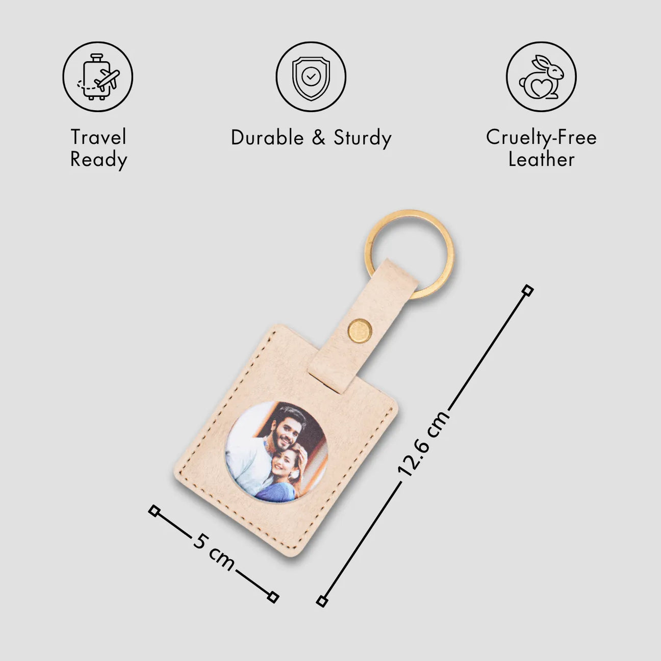 Personalised beige leather photo keychain with feature