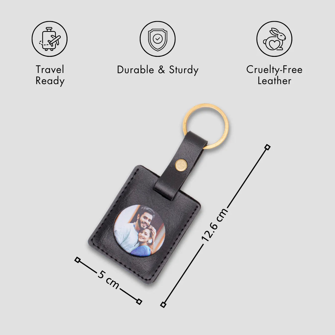 Personalised black leather photo keychain with features