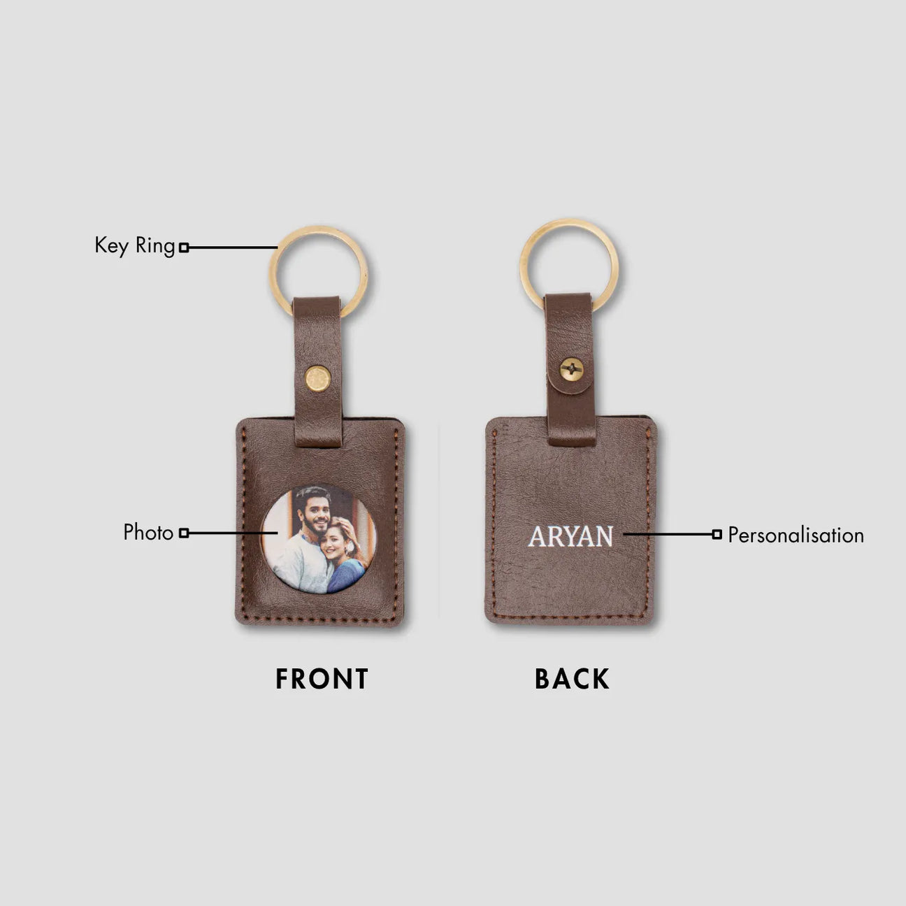 Personalised brown leather photo keyring front and back view