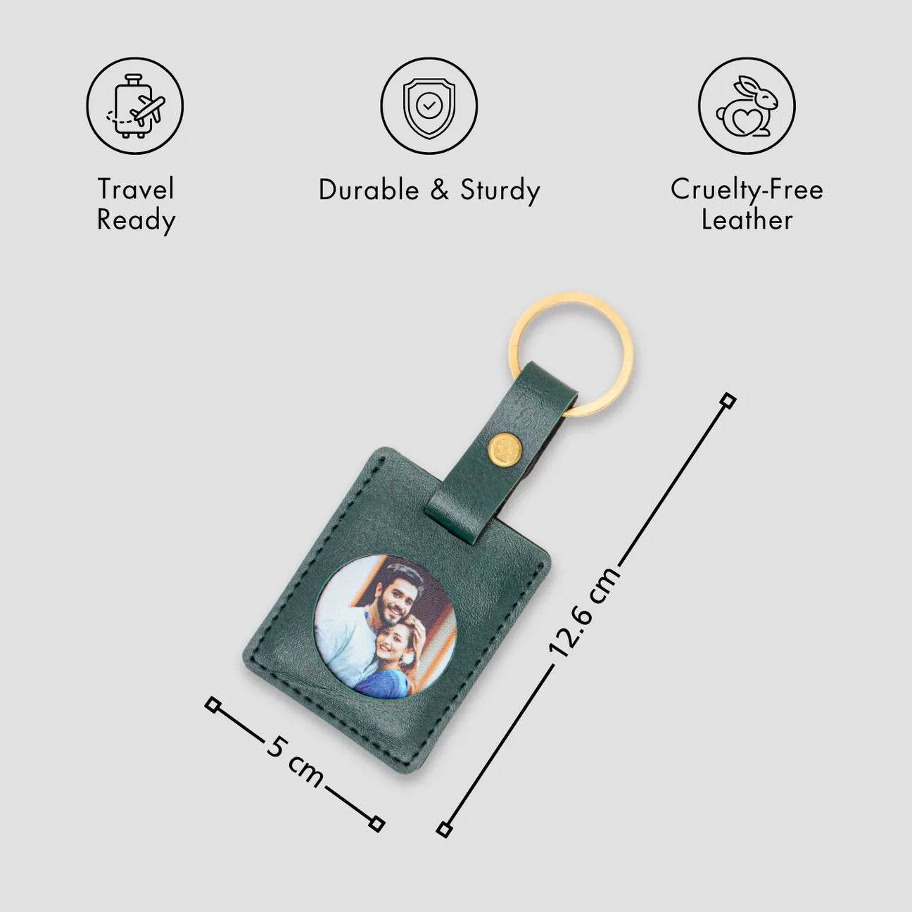 Personalised green leather photo keychain with features