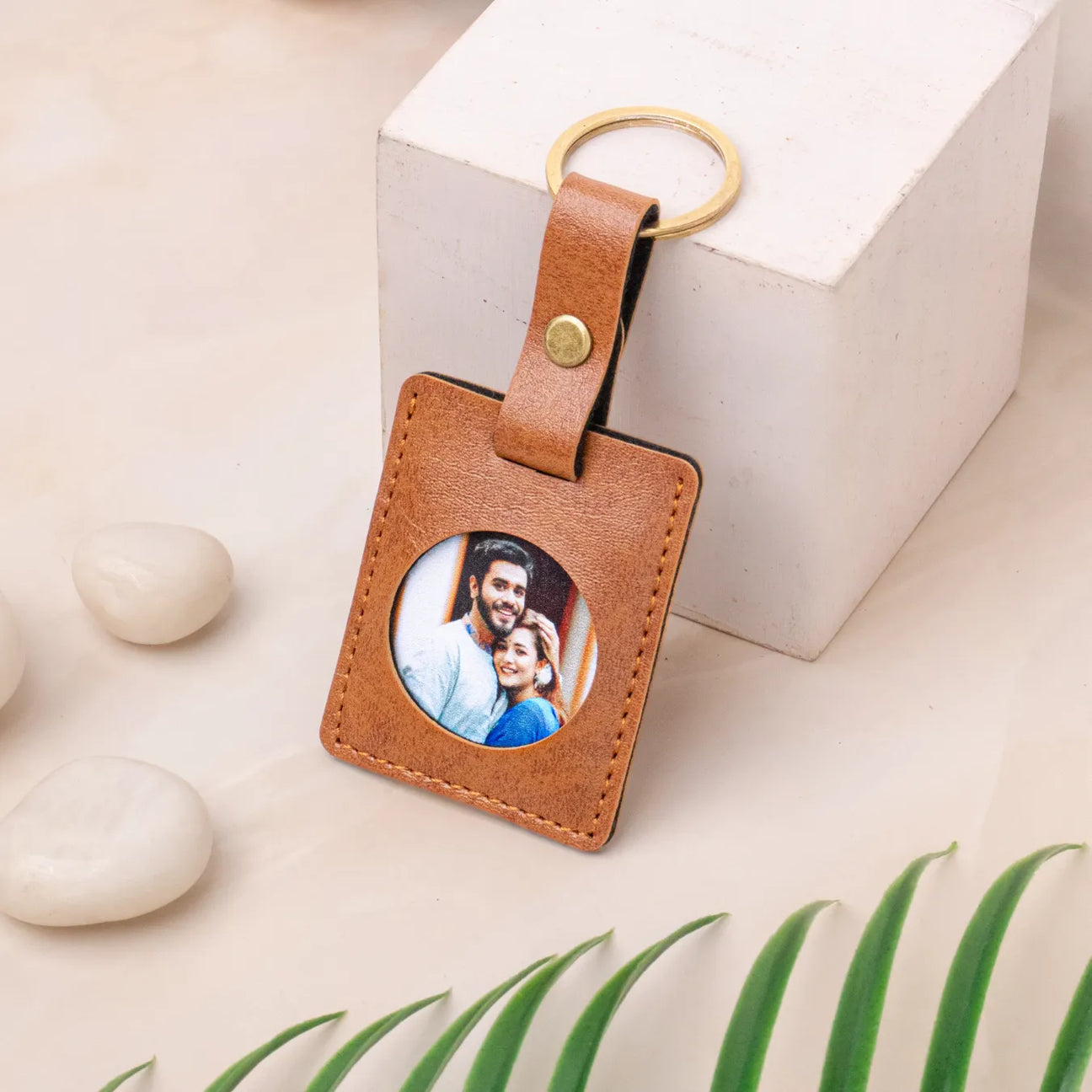 Personalised tan leather photo keychain 