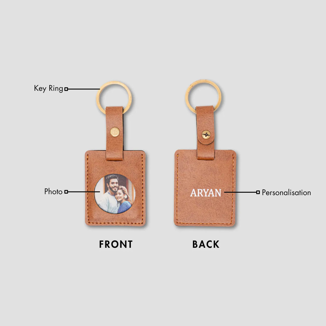 Personalised tan leather photo keyring front and back view